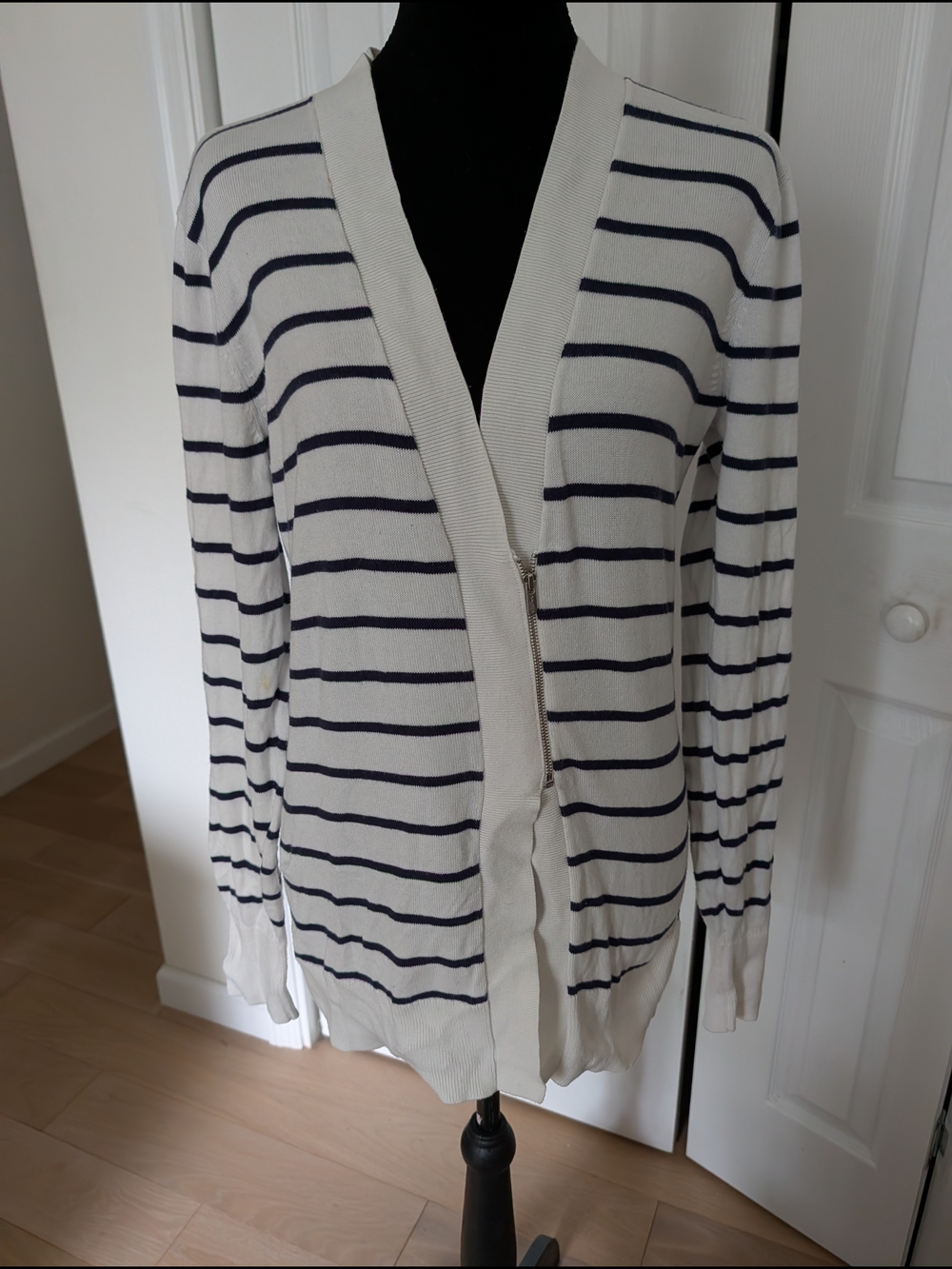Nautica Cream and Navy Striped Zip-Front Cardigan